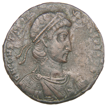 RIC VIII Rome 443 Constantius II obverse, Bust of Constantius II, pearl-diademed, draped, cuirassed, right