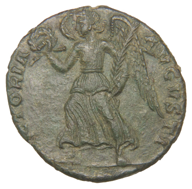 RIC VIII Rome 453 Constantius II reverse, Victory, winged, draped, walking left, holding wreath in right hand and palm in ...