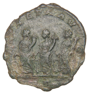 RIC VIII Rome 458 Constantius II reverse, Three Monetae standing left, each holding scales and cornucopiae; at the feet of...