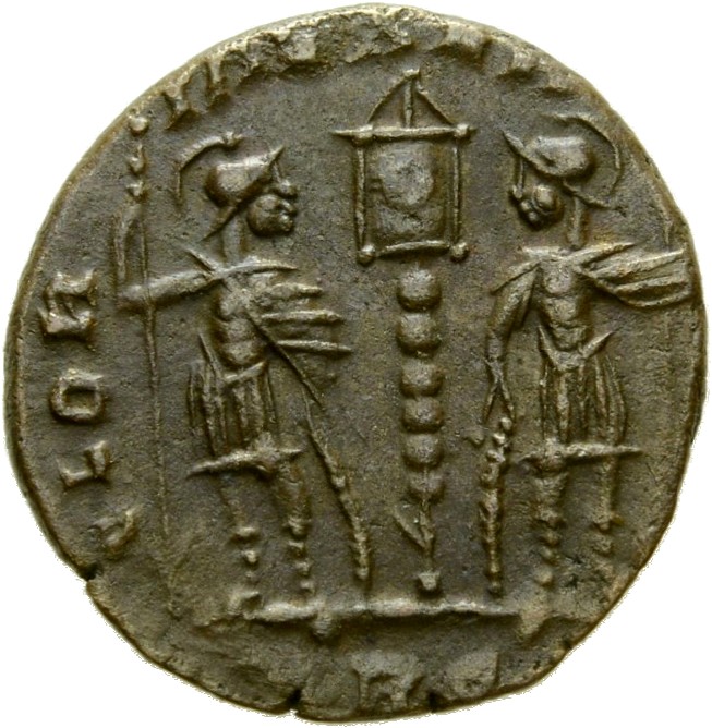 RIC VIII Rome 51 Constantine II reverse, Two soldiers, helmeted, draped, cuirassed, facing front, heads toward each other,...
