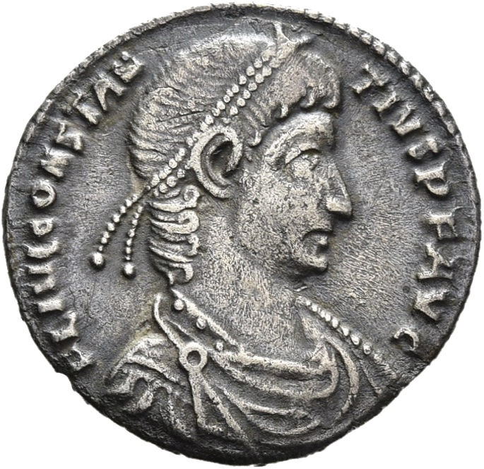 RIC VIII Rome 59 Constans obverse, Bust of Constantius II, pearl-diademed, draped, cuirassed, right