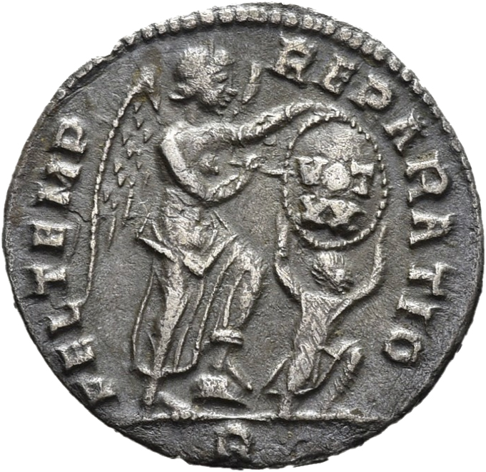 RIC VIII Rome 59 Constans reverse, Victory, winged, draped, standing right, inscribing VOT/XX on a shield supported by a k...