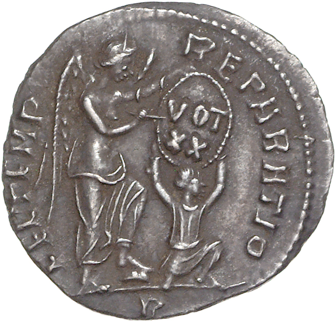 RIC VIII Rome 61 Constans reverse, Victory, winged, draped, standing right, inscribing VOT/XX on a shield supported by a k...