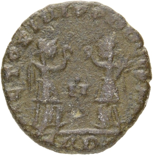 RIC VIII Rome 95 Constans reverse, Two Victories, winged, draped, standing facing each other, each holding wreath in right...