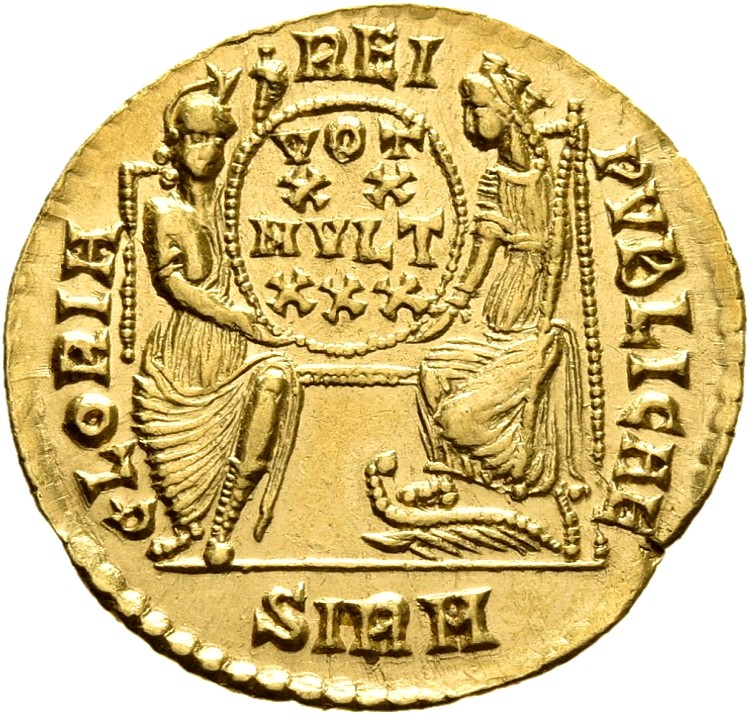 RIC VIII Sirmium 1 Constantius II reverse, Roma, helmeted, draped, enthroned front, and Constantinopolis, draped, enthrone...