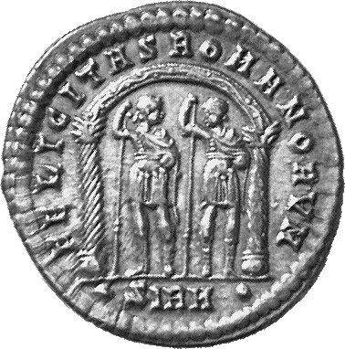 RIC VIII Sirmium 13 Constantius II reverse, Constantius II, diademed, draped, cuirassed, and Constantius Gallus, draped, c...