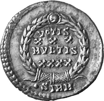 RIC VIII Sirmium 17 Constantius II reverse, VOTIS/XXX/MVLTIS/XXXX within a wreath