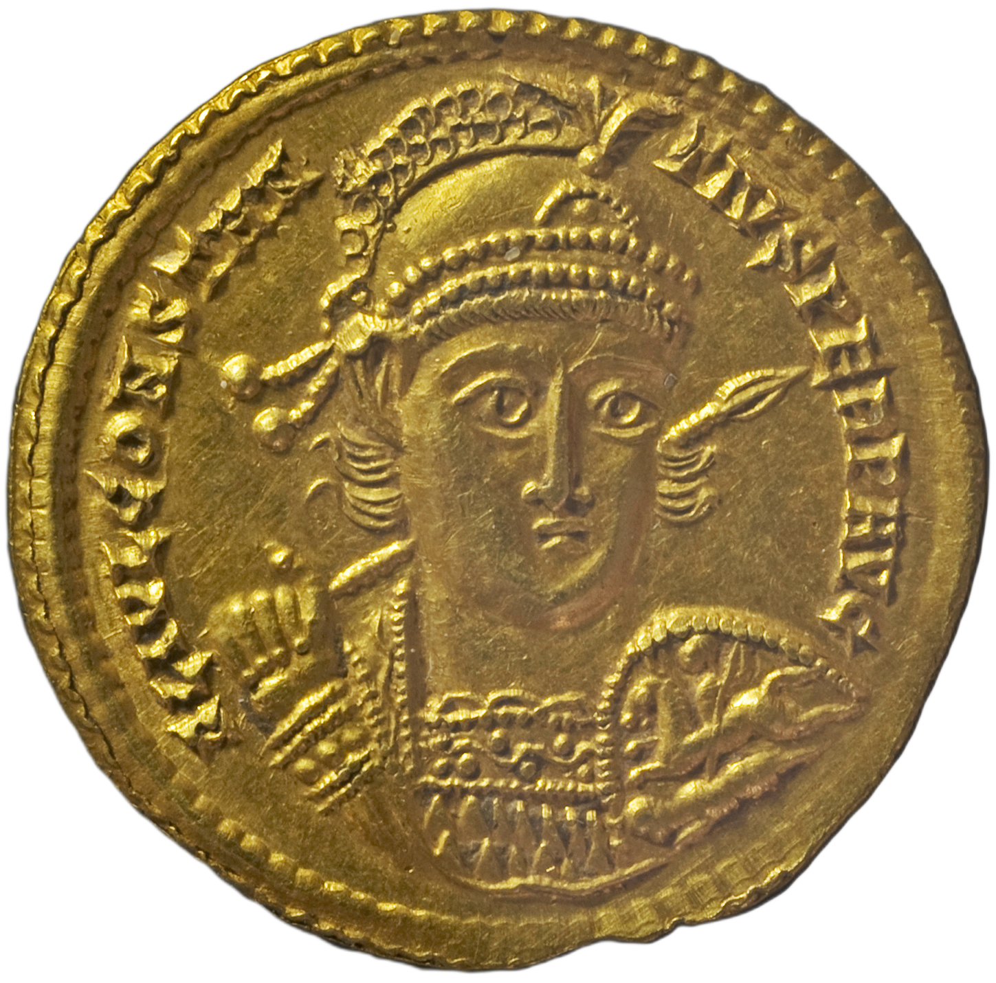 RIC VIII Sirmium 3 Constantius II obverse, Bust of Constantius II, pearl-diademed, wearing crested and diademed helmet, cu...