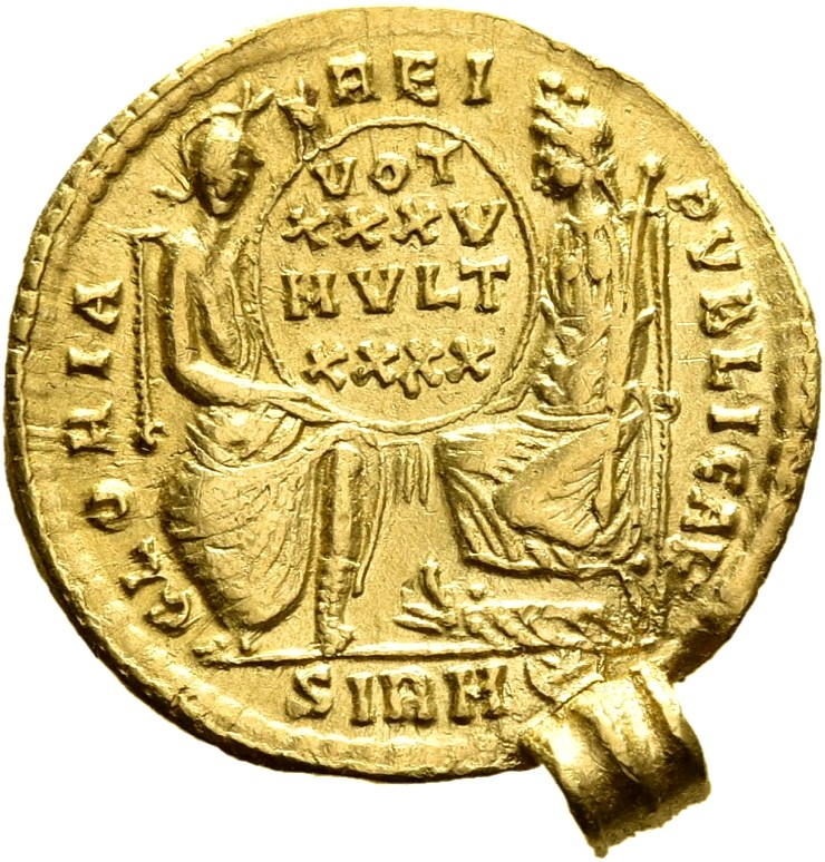 RIC VIII Sirmium 59 Constantius II reverse, Roma, helmeted, draped, enthroned front, and Constantinopolis, draped, enthron...