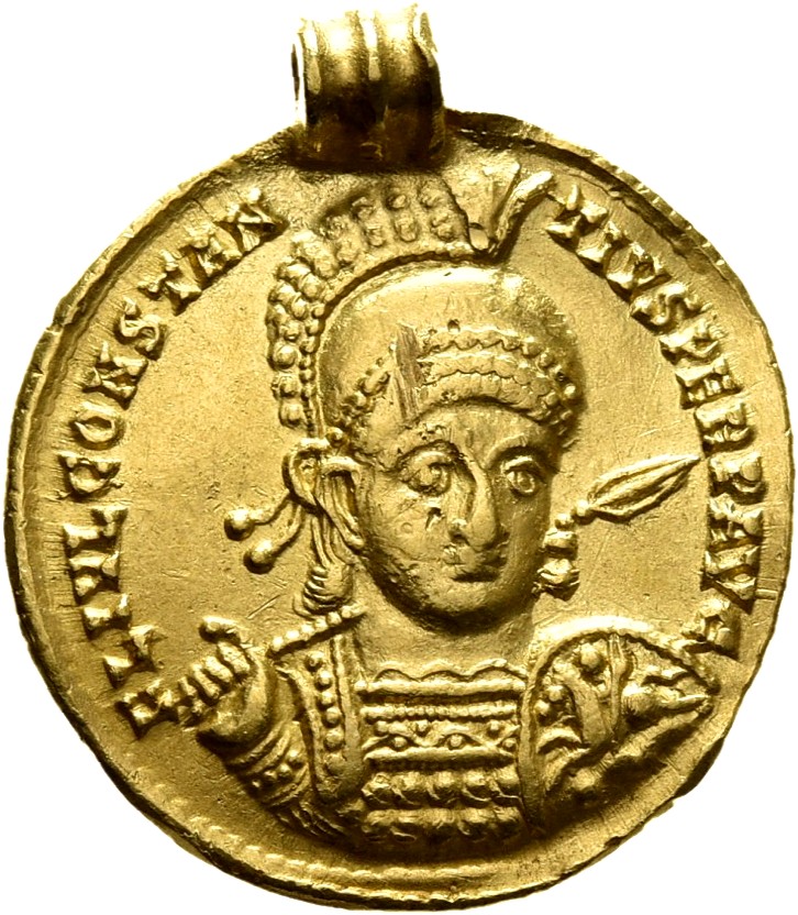 RIC VIII Sirmium 59 Constantius II obverse, Bust of Constantius II, pearl-diademed, wearing crested and diademed helmet, c...