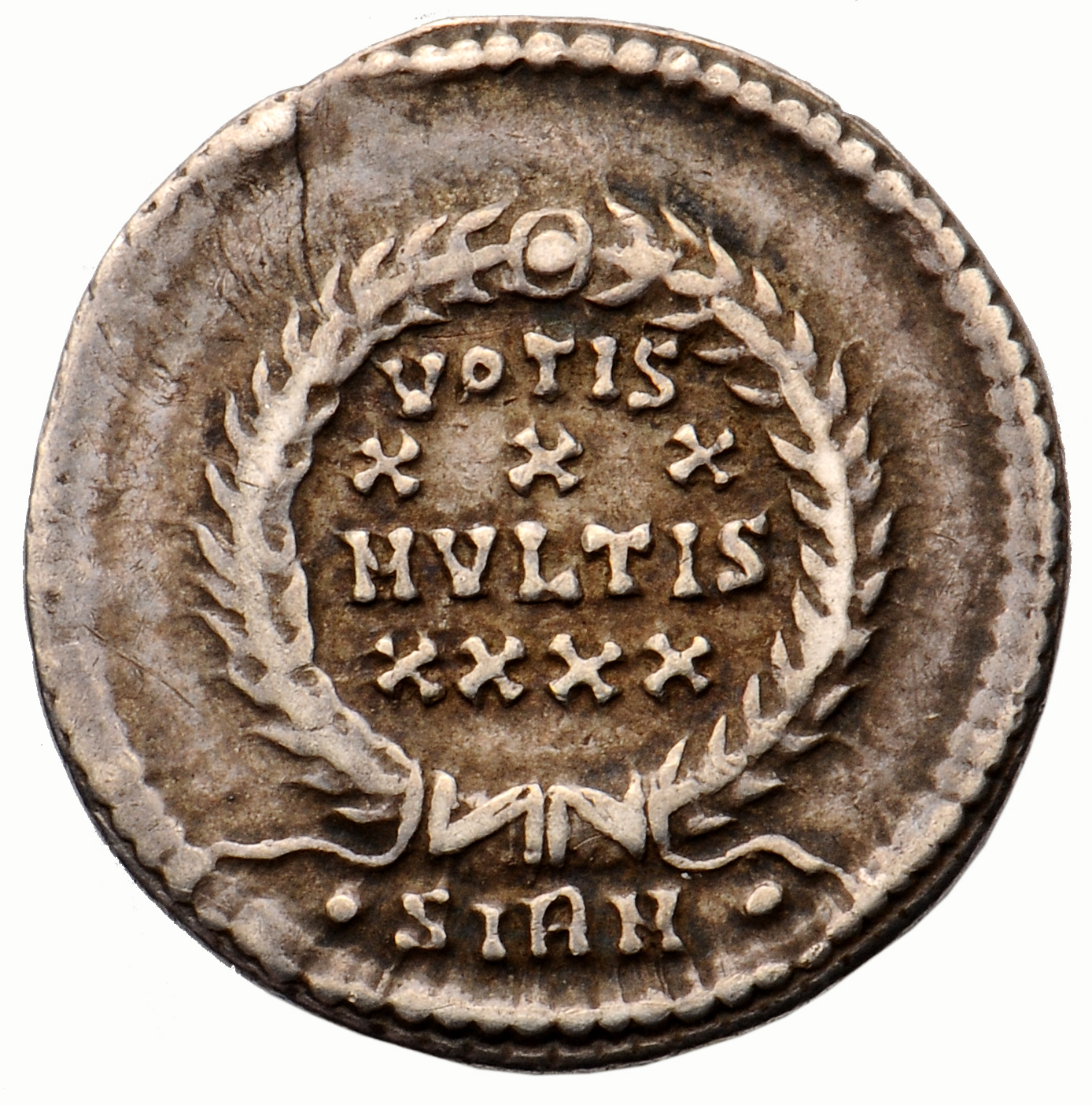RIC VIII Sirmium 66 Constantius II reverse, VOTIS/XXX/MVLTIS/XXXX within a wreath
