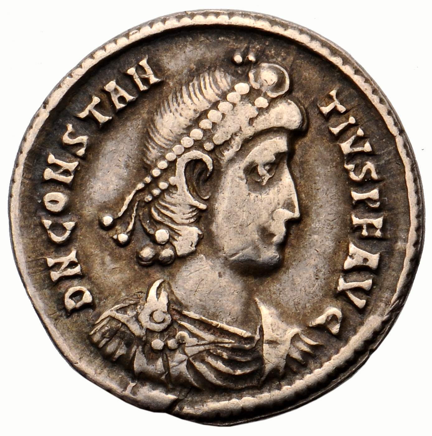 RIC VIII Sirmium 66 Constantius II obverse, Bust of Constantius II, pearl-diademed, draped, cuirassed, right