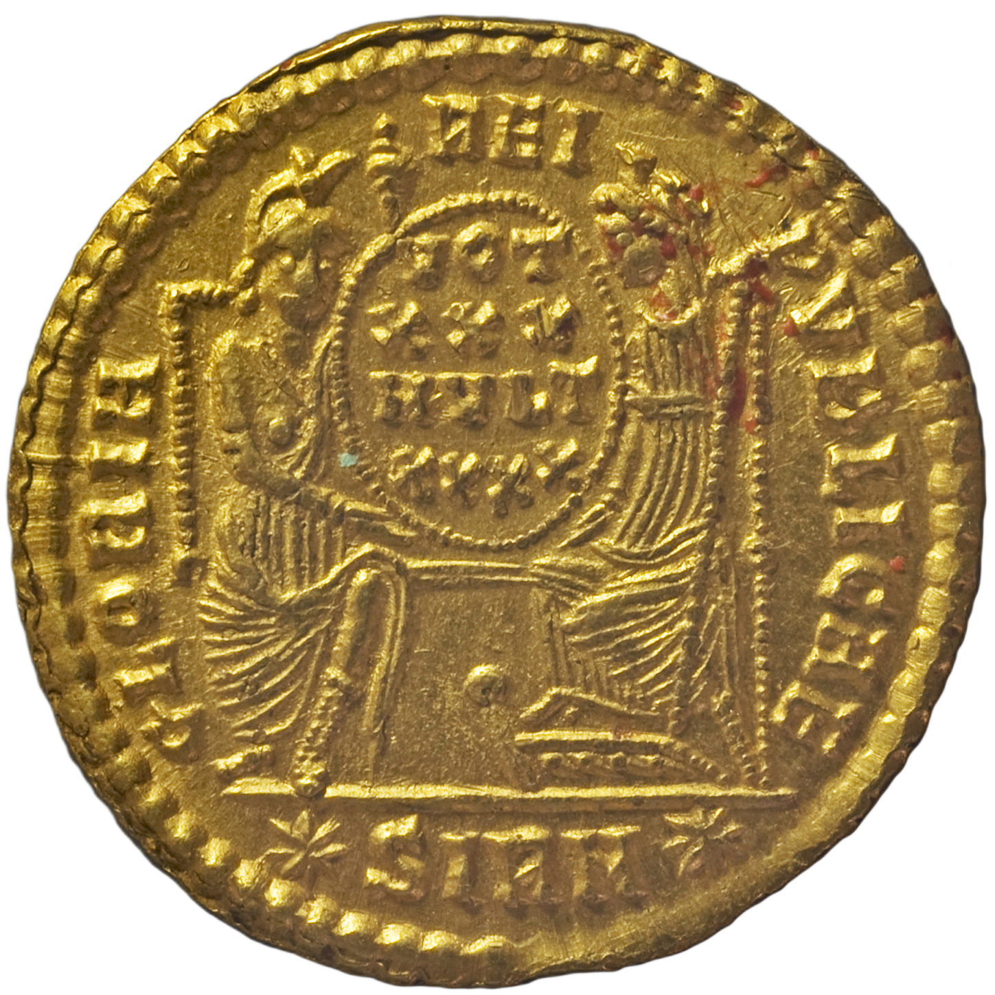 RIC VIII Sirmium 8 Constantius II reverse, Roma, helmeted, draped, enthroned front, and Constantinopolis, draped, enthrone...