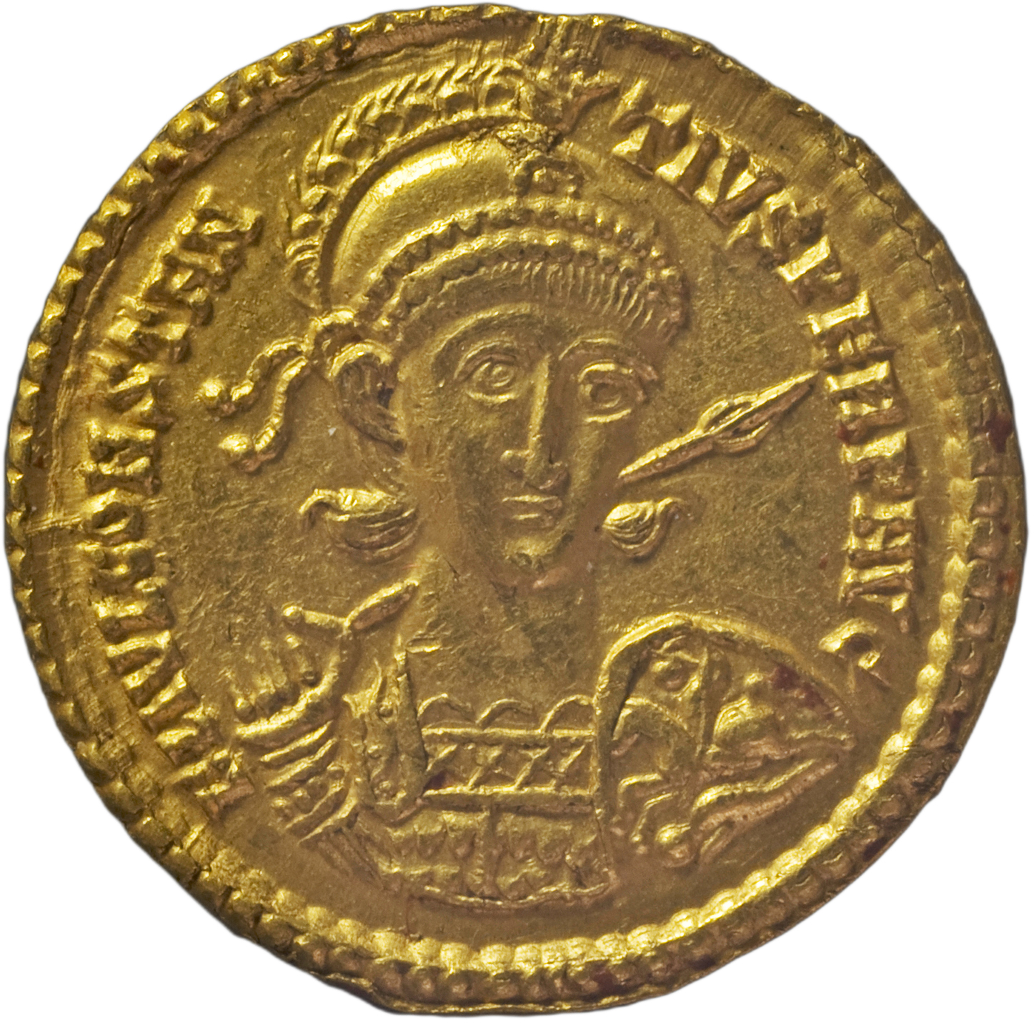 RIC VIII Sirmium 8 Constantius II obverse, Bust of Constantius II, pearl-diademed, wearing crested and diademed helmet, cu...
