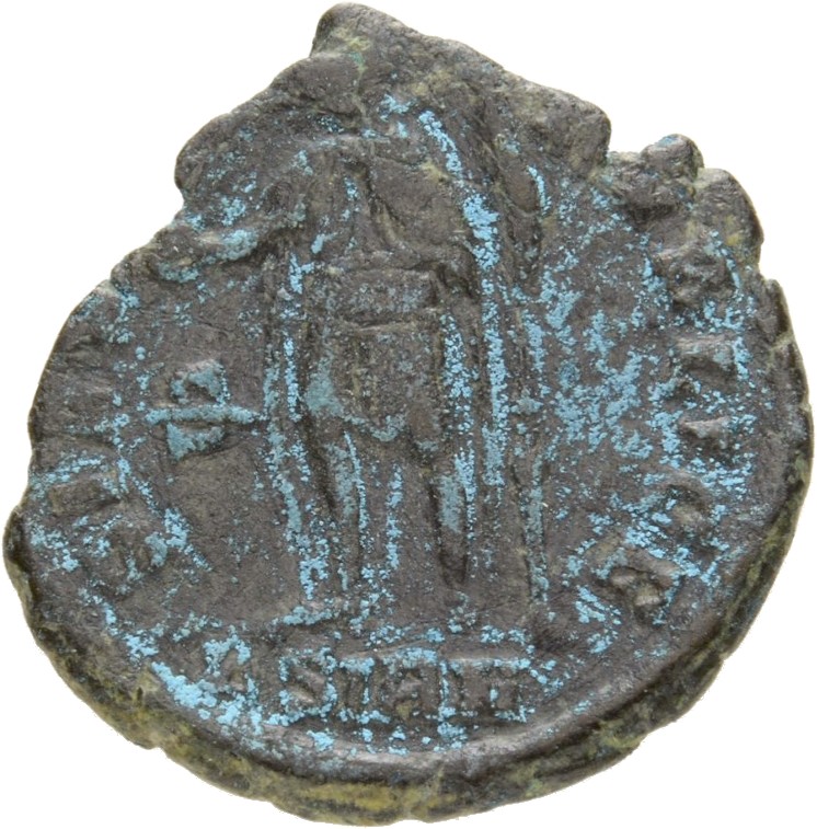 RIC VIII Sirmium 86 Constantius II reverse, Constantius II, helmeted, draped, cuirassed, standing left, holding globe in r...
