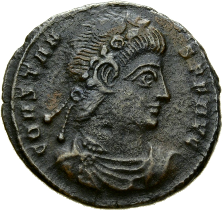 RIC VIII Siscia 100 Constantine II obverse, Bust of Constans, laureate, rosette-diademed, draped, cuirassed, right