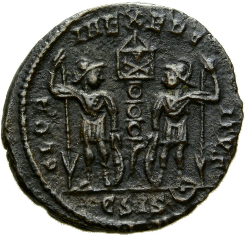 RIC VIII Siscia 100 Constantine II reverse, Two soldiers, helmeted, draped, cuirassed, facing front, heads toward each oth...