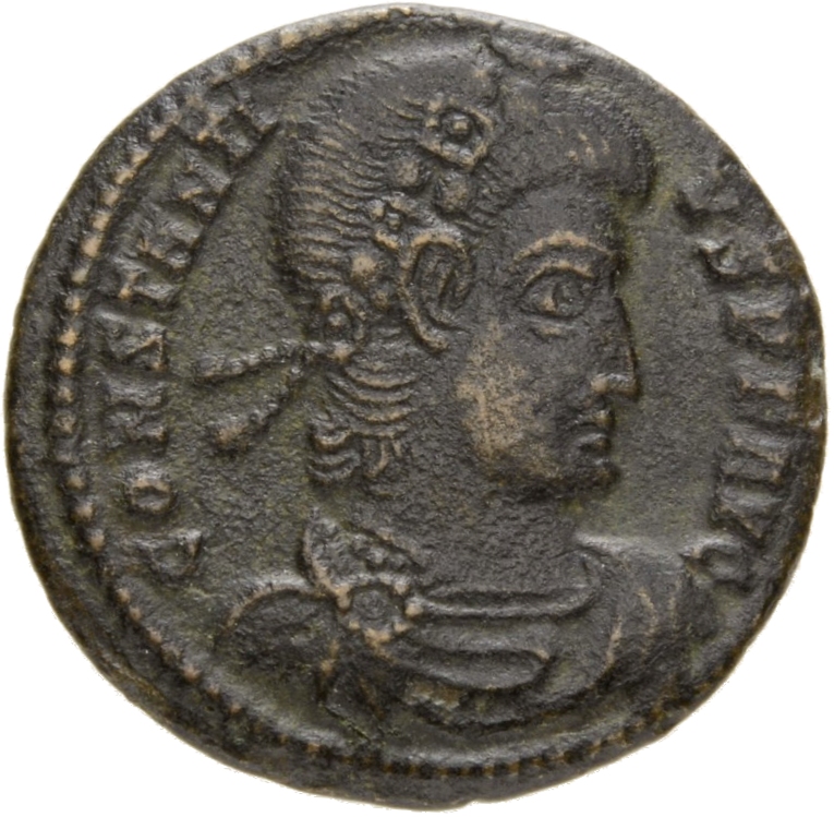 RIC VIII Siscia 101 Constantine II obverse, Bust of Constantius II, rosette-diademed, draped, cuirassed, right