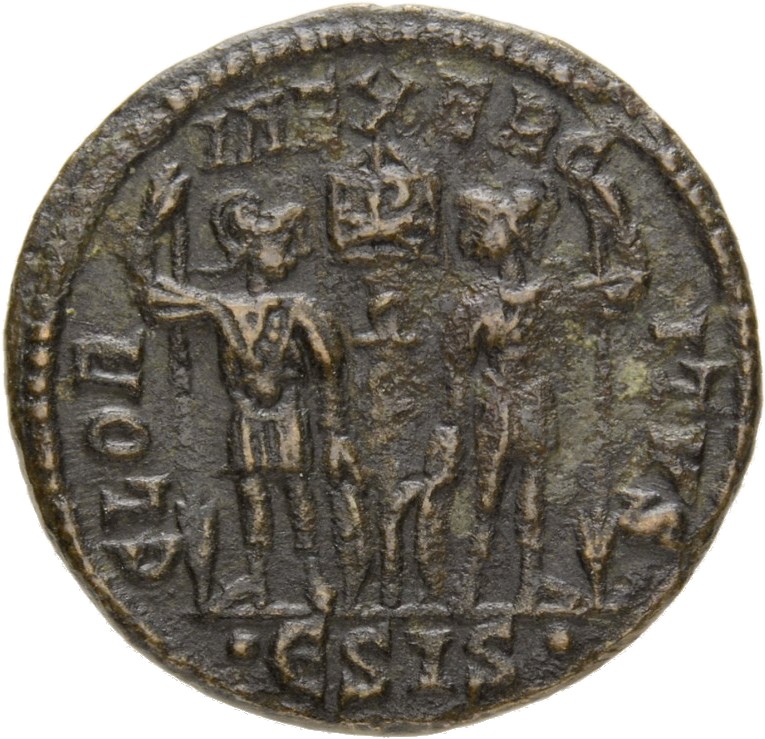 RIC VIII Siscia 101 Constantine II reverse, Two soldiers, helmeted, draped, cuirassed, facing front, heads toward each oth...