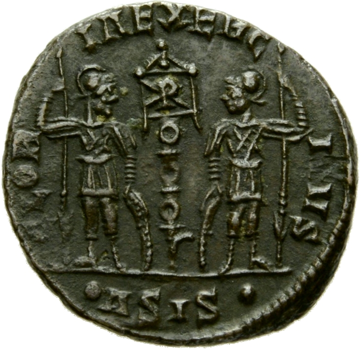 RIC VIII Siscia 103 Constantine II reverse, Two soldiers, helmeted, draped, cuirassed, facing front, heads toward each oth...