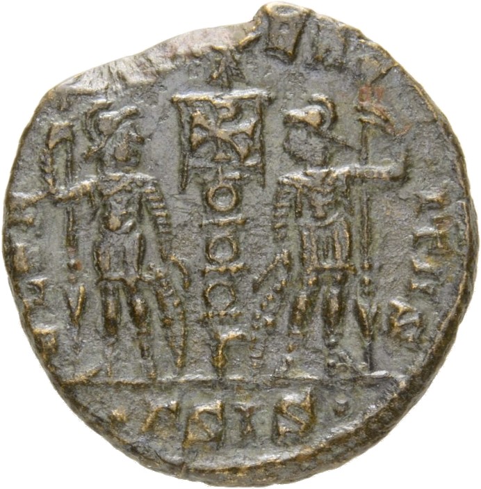 RIC VIII Siscia 103 Constantine II reverse, Two soldiers, helmeted, draped, cuirassed, facing front, heads toward each oth...