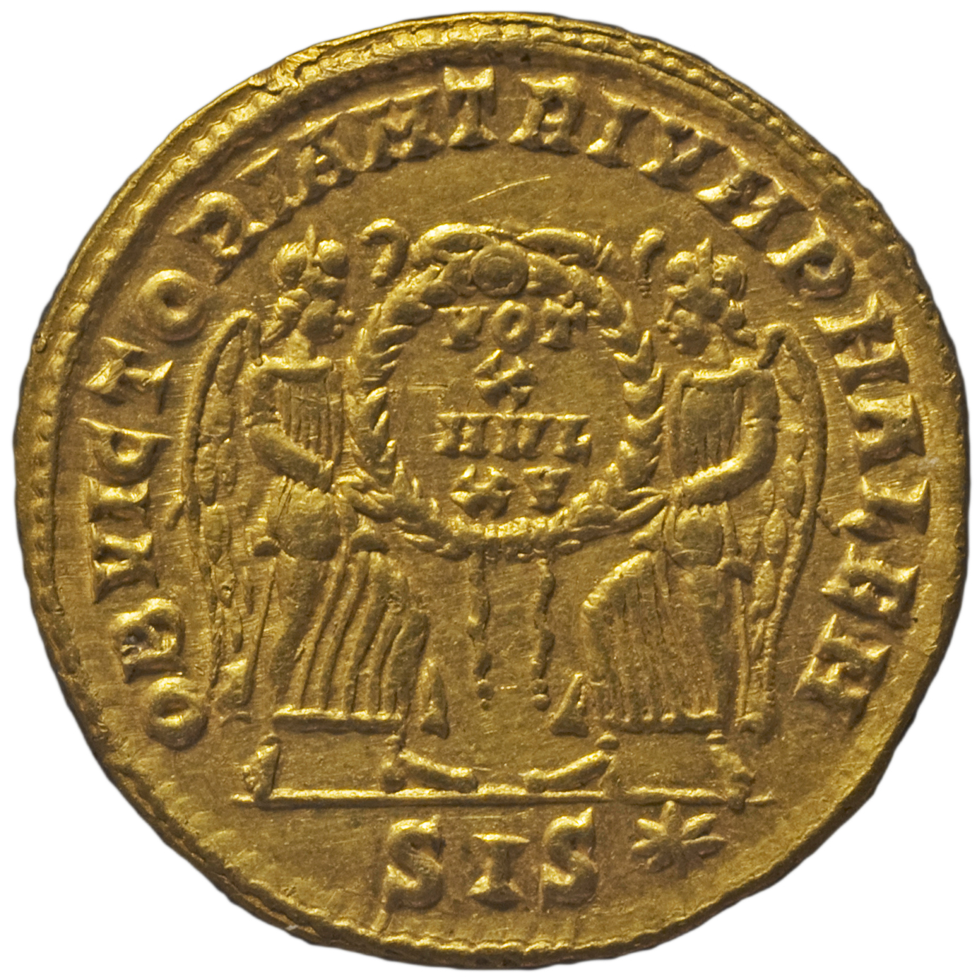 RIC VIII Siscia 115 Constans reverse, Two Victories, winged, draped, standing facing each other, holding between them a wr...