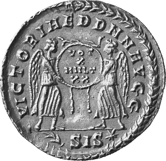 RIC VIII Siscia 136 Constans reverse, Two Victories, winged, draped, standing facing each other, holding between them a wr...