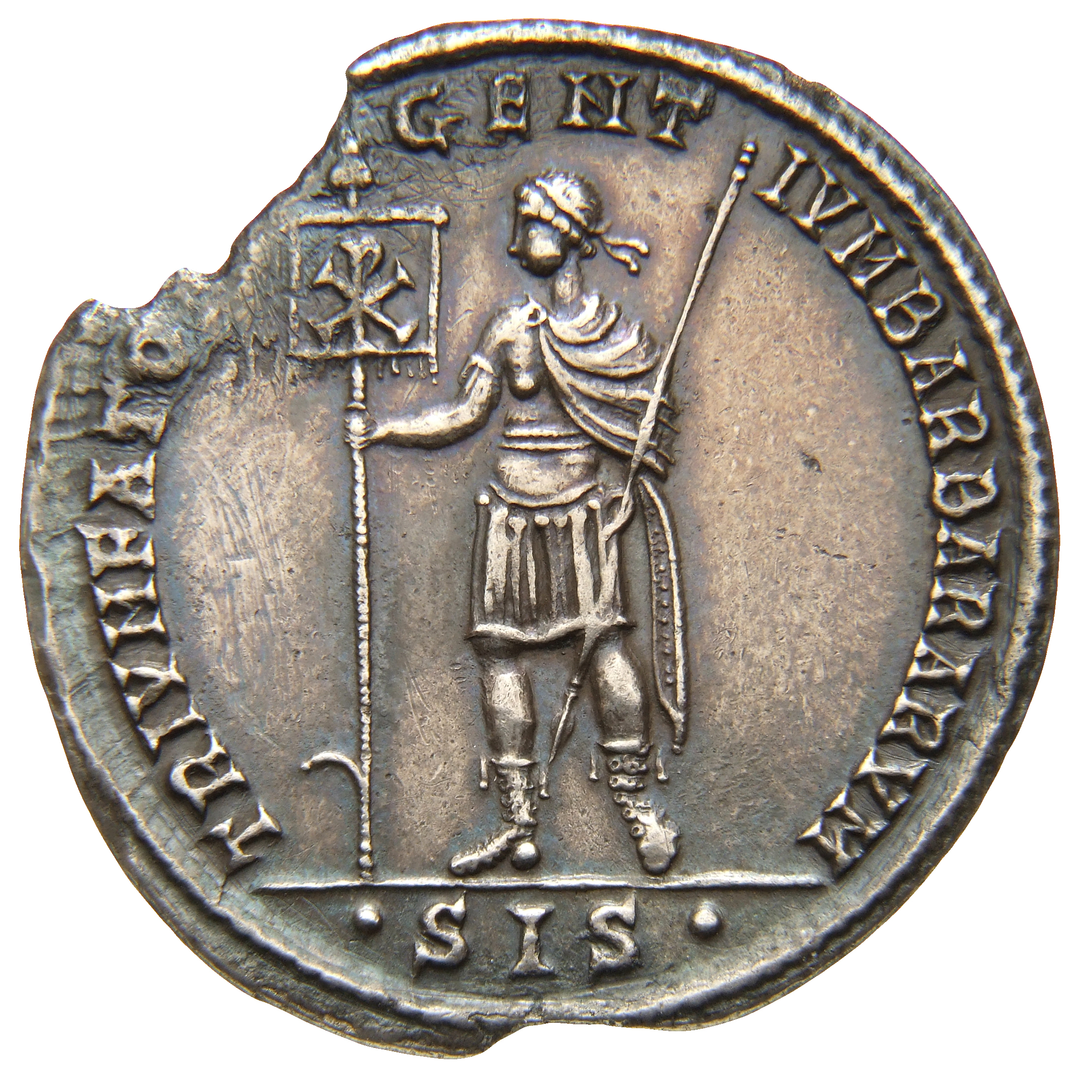 RIC VIII Siscia 147 Constans reverse, Constantius II, diademed, draped, cuirassed, standing left, holding standard with Ch...