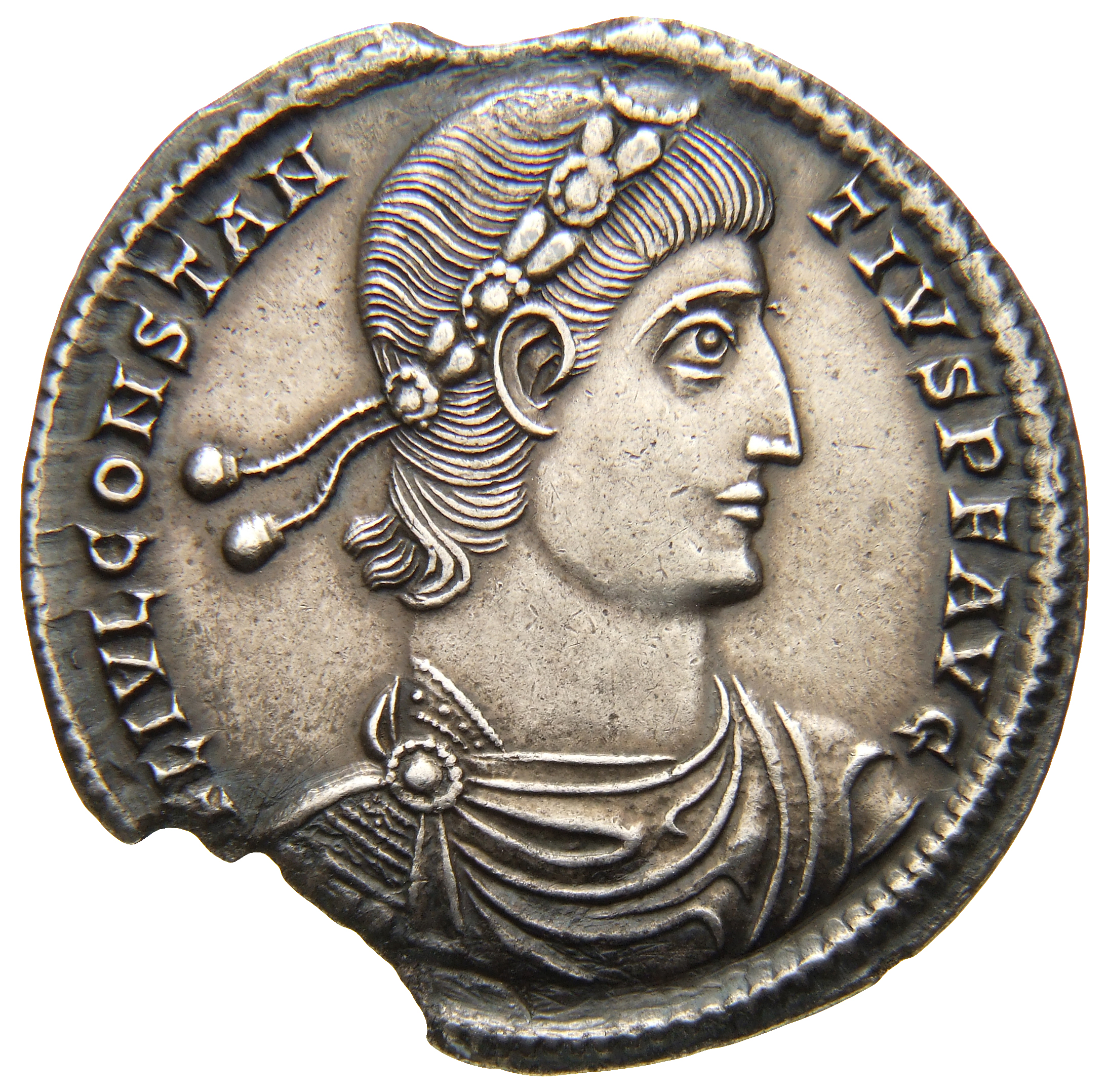 RIC VIII Siscia 147 Constans obverse, Bust of Constantius II, laureate, rosette-diademed, draped, cuirassed, right
