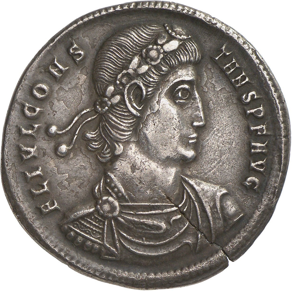 RIC VIII Siscia 148 Constans obverse, Bust of Constans, laureate, rosette-diademed, draped, cuirassed, right