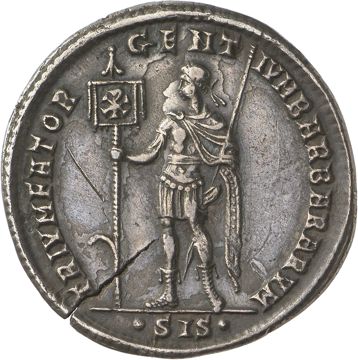 RIC VIII Siscia 148 Constans reverse, Constans, diademed, draped, cuirassed, standing left, holding standard with Chi-Rho ...
