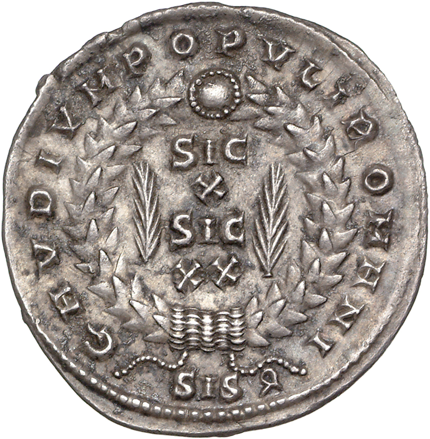 RIC VIII Siscia 151 Constans reverse, SIC/X/SIC/XX within a wreath
