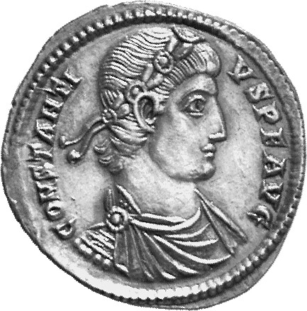RIC VIII Siscia 152 Constans obverse, Bust of Constantius II, laureate, rosette-diademed, draped, cuirassed, right