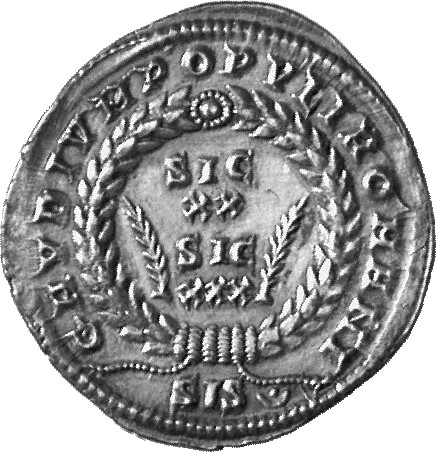 RIC VIII Siscia 152 Constans reverse, SIC/XX/SIC/XXX within a wreath