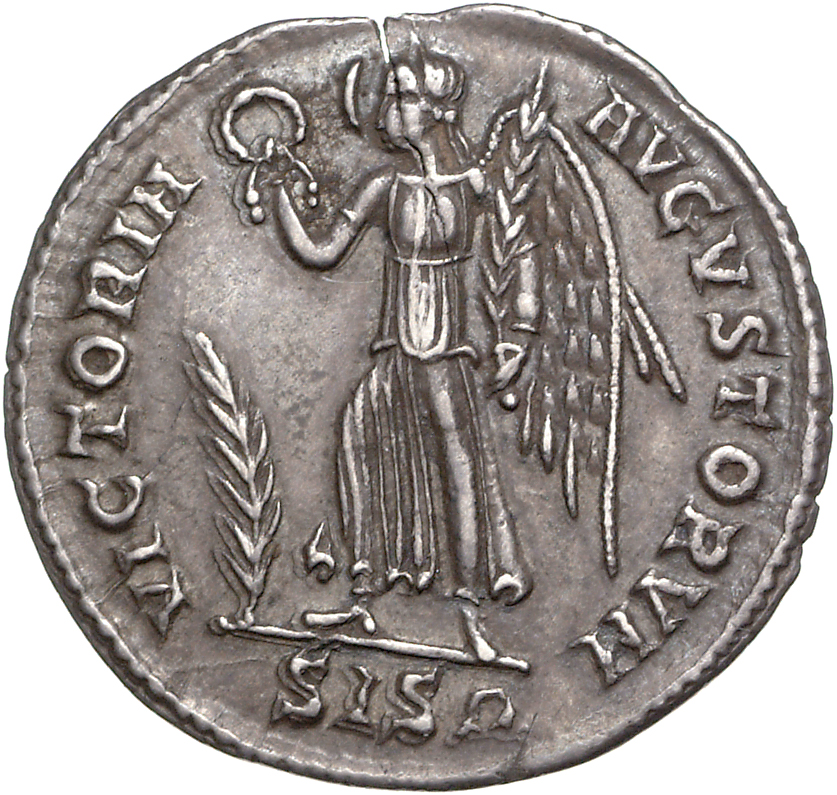 RIC VIII Siscia 158 Constans reverse, Victory, winged, draped, walking left, holding wreath in right hand and palm in left...