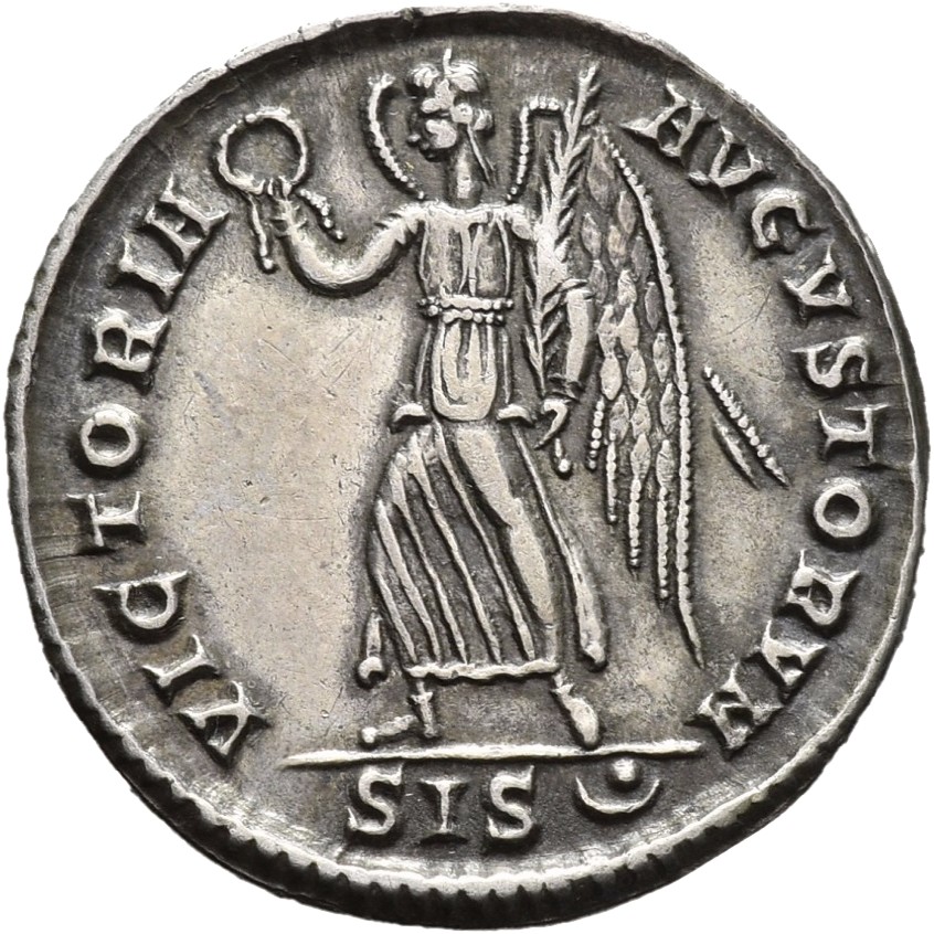 RIC VIII Siscia 160 Constans reverse, Victory, winged, draped, walking left, holding wreath in right hand and palm in left...
