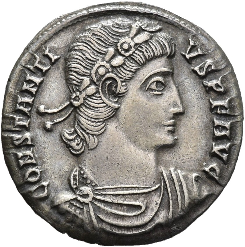 RIC VIII Siscia 160 Constans obverse, Bust of Constantius II, laureate, rosette-diademed, draped, cuirassed, right