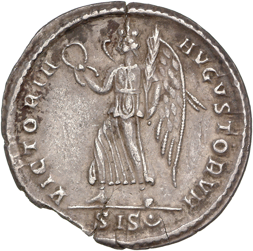 RIC VIII Siscia 161 Constans reverse, Victory, winged, draped, walking left, holding wreath in right hand and palm in left...