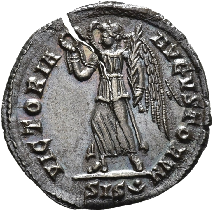 RIC VIII Siscia 162 Constans reverse, Victory, winged, draped, walking left, holding wreath in right hand and palm in left...