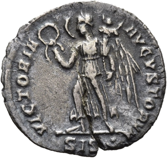 RIC VIII Siscia 170 Constans reverse, Victory, winged, draped, walking left, holding wreath in right hand and trophy in le...