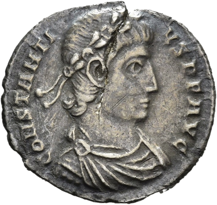 RIC VIII Siscia 170 Constans obverse, Bust of Constantius II, laureate, rosette-diademed, draped, cuirassed, right