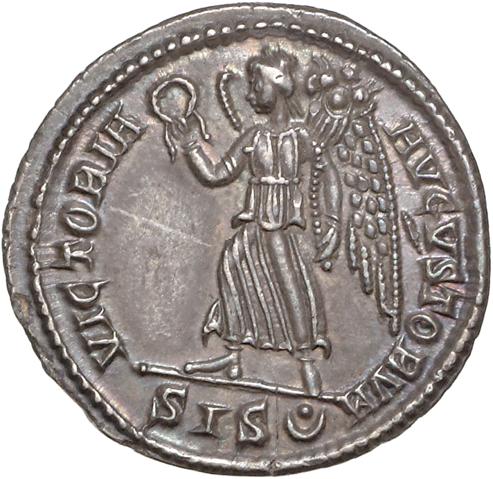 RIC VIII Siscia 173 Constans reverse, Victory, winged, draped, walking left, holding wreath in right hand and trophy in le...