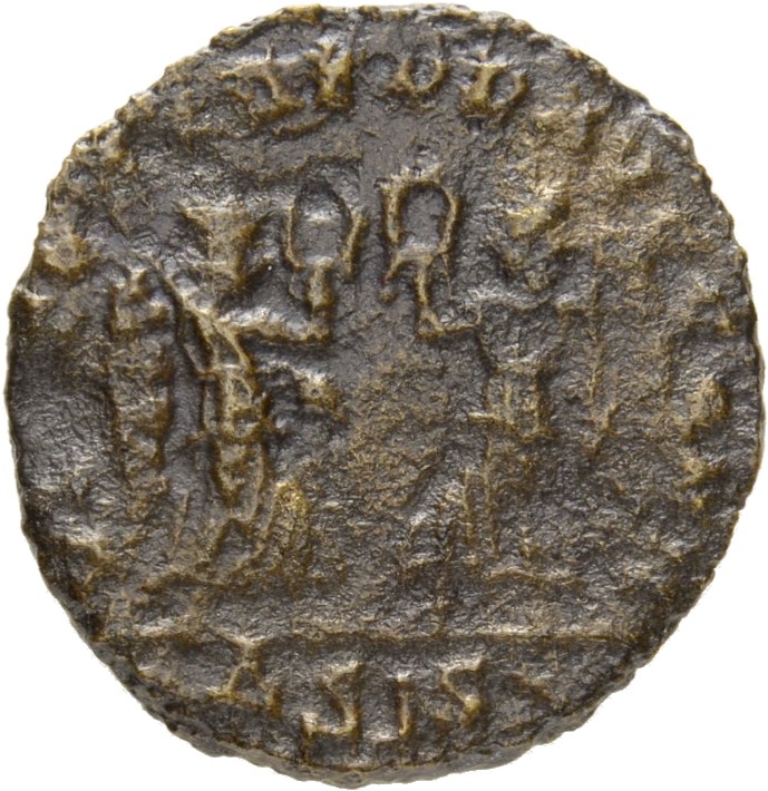 RIC VIII Siscia 184 Constans reverse, Two Victories, winged, draped, standing facing each other, each holding wreath in ri...