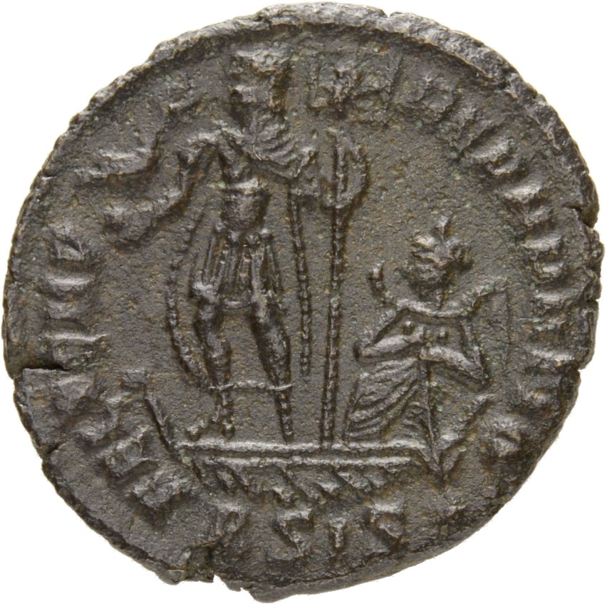 RIC VIII Siscia 198 Constans reverse, Constans, draped, cuirassed, standing left on galley, holding phoenix on globe in ri...