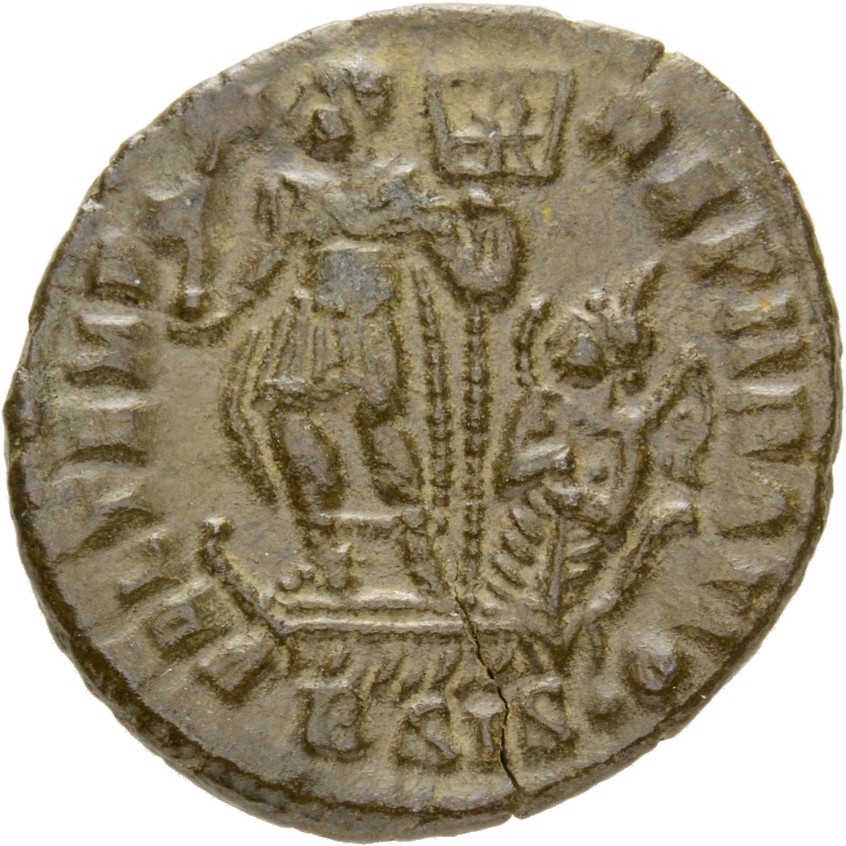 RIC VIII Siscia 198 Constans reverse, Constans, draped, cuirassed, standing left on galley, holding phoenix on globe in ri...