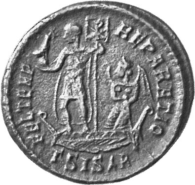 RIC VIII Siscia 202 Constans reverse, Constantius II, draped, cuirassed, standing left on galley, holding phoenix on globe...