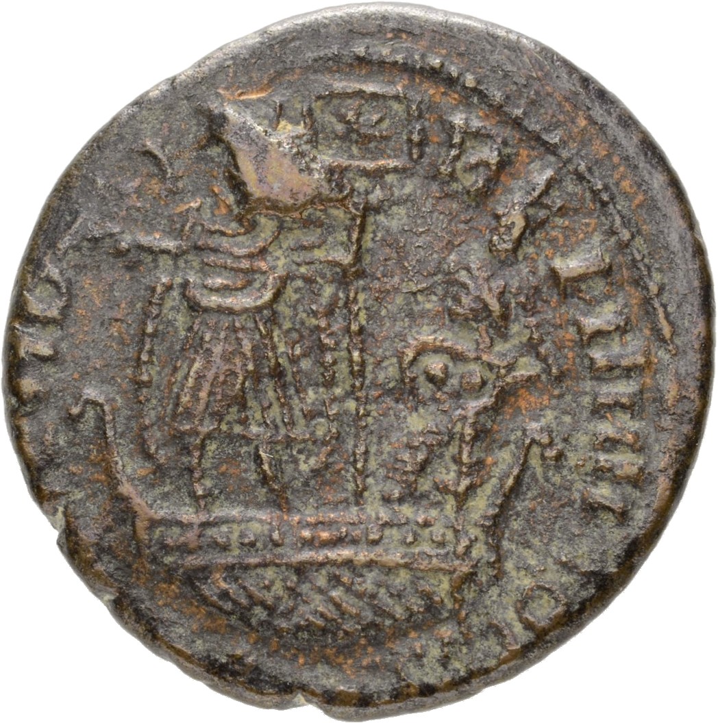 RIC VIII Siscia 209 Constans reverse, Constans, draped, cuirassed, standing left on galley, holding phoenix on globe in ri...