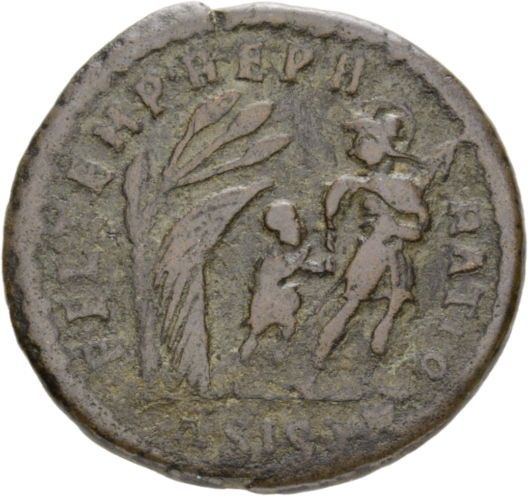 RIC VIII Siscia 218 Constans reverse, Soldier, helmeted, draped, cuirassed, advancing right, head left, leading small bare...