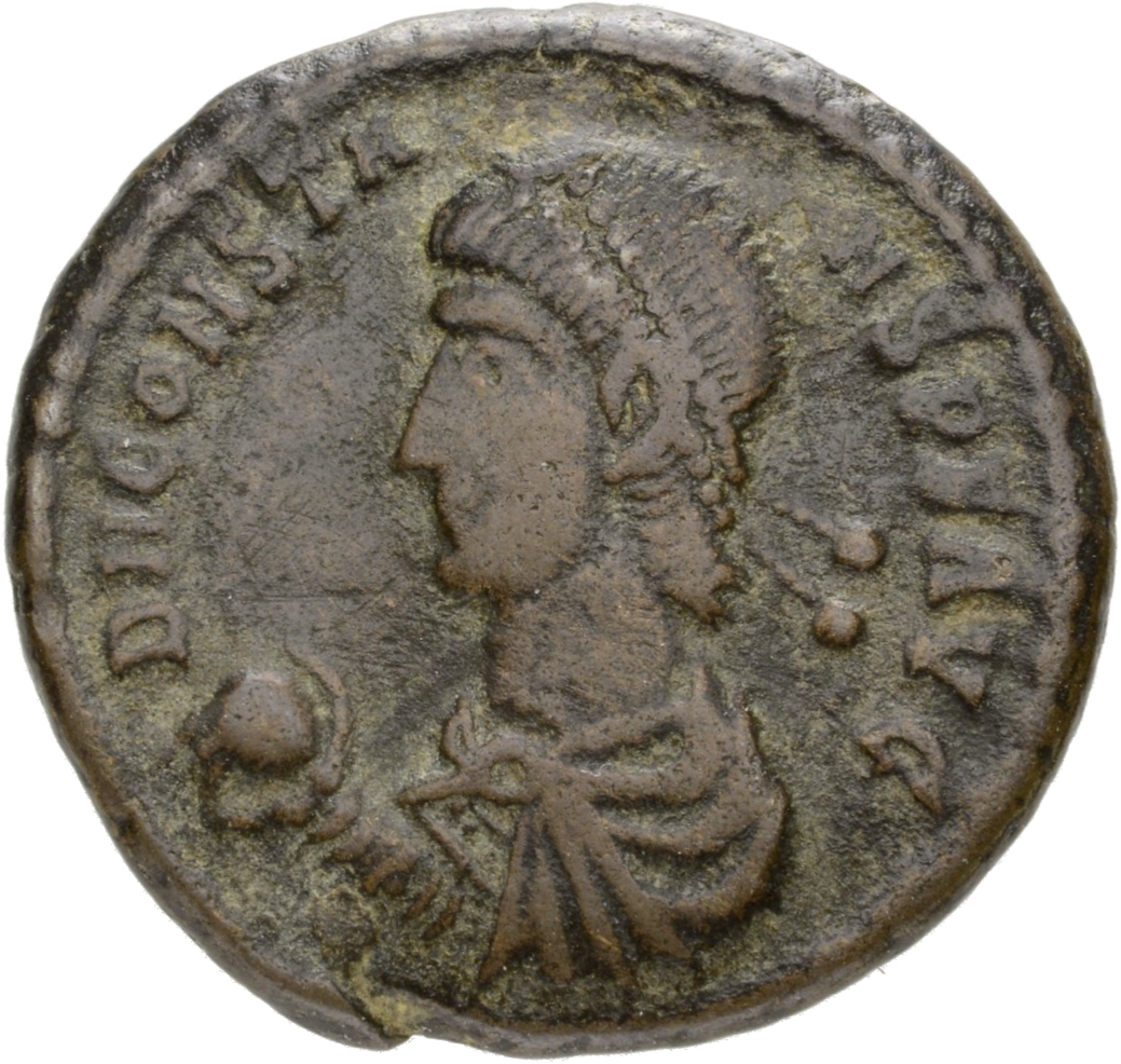 RIC VIII Siscia 218 Constans obverse, Bust of Constans, pearl-diademed, draped, cuirassed, left, holding globe in right hand