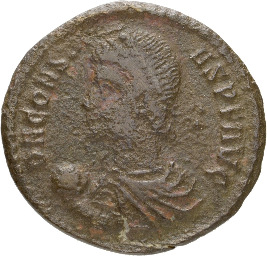 RIC VIII Siscia 218 Constans obverse — Bust of Constans, pearl-diademed, draped, cuirassed, left, holding globe in right hand